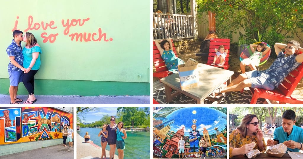 Austin, Texas, kissing couple, family relaxing in red chairs, Texas mural, tacos