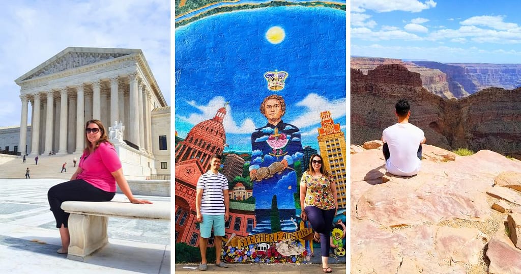 woman seated in front of white columned building, Stephen F. Austin mural, canyon overlook