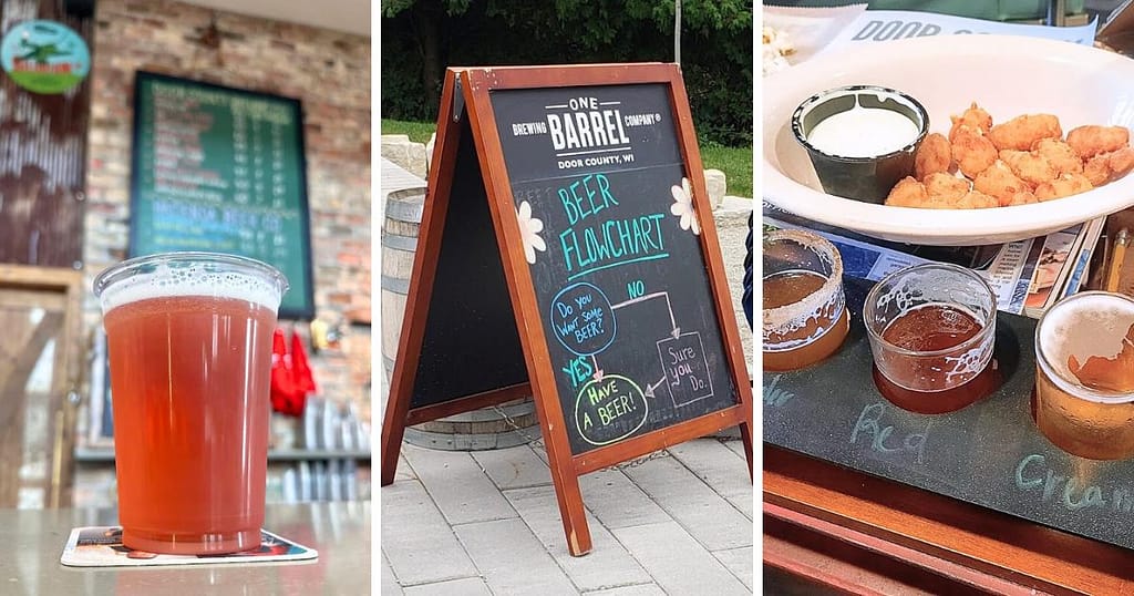 A full cup of beer, a colorful chalkboard, a platter of fried cheese curds and a flight of beers