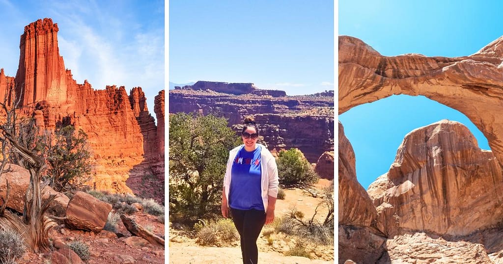 red rock fins, person, sandstone arch