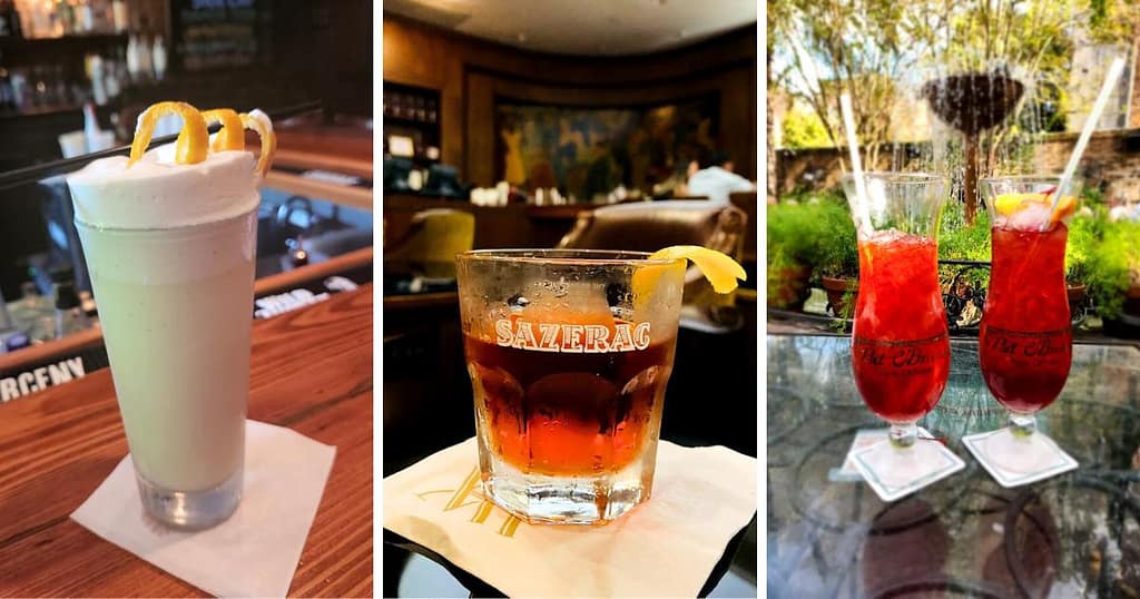 three different cocktails, including a Ramos Gin Fizz, a Sazerac and a Hurricane