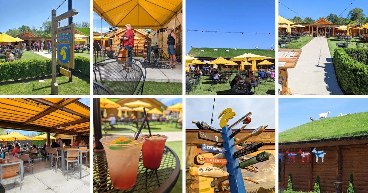 Beer garden with green space and a view of goats on the roof