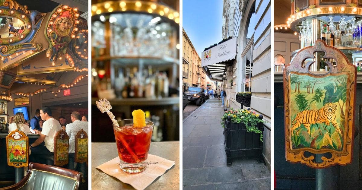 Carousel Bar, cocktail glass with twist of lemon, Hotel Monteleone sign, painted tiger bar seat