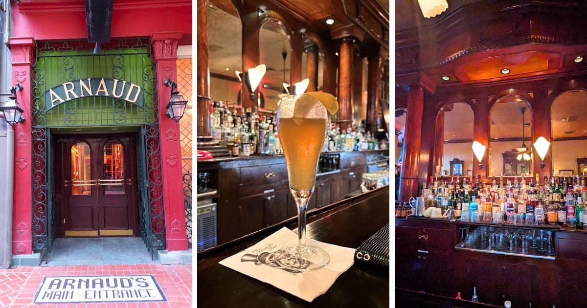 Arnaud's bar entrance, tall glass filled with tawny colored drink, fully stocked bar