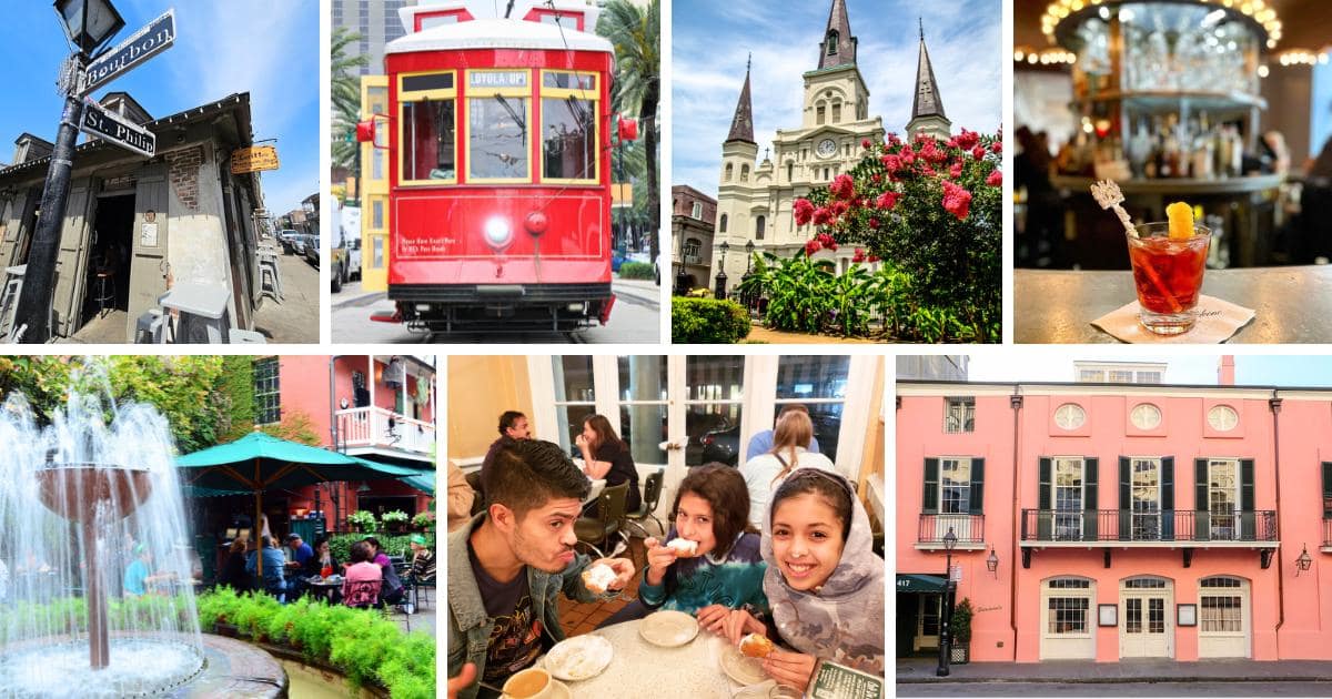 Bourbon and St. Philip street signs, red streetcar, cathedral, cocktail, water fountain, family enjoying beignets, pick brick building with balcony and white lattice windows and doors