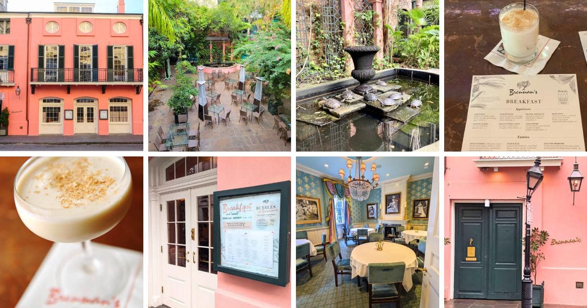 pink faced building with black shutters, balcony and white doors and latticed windows, courtyard, water fountain, Brennan's menu, brandy milk punch