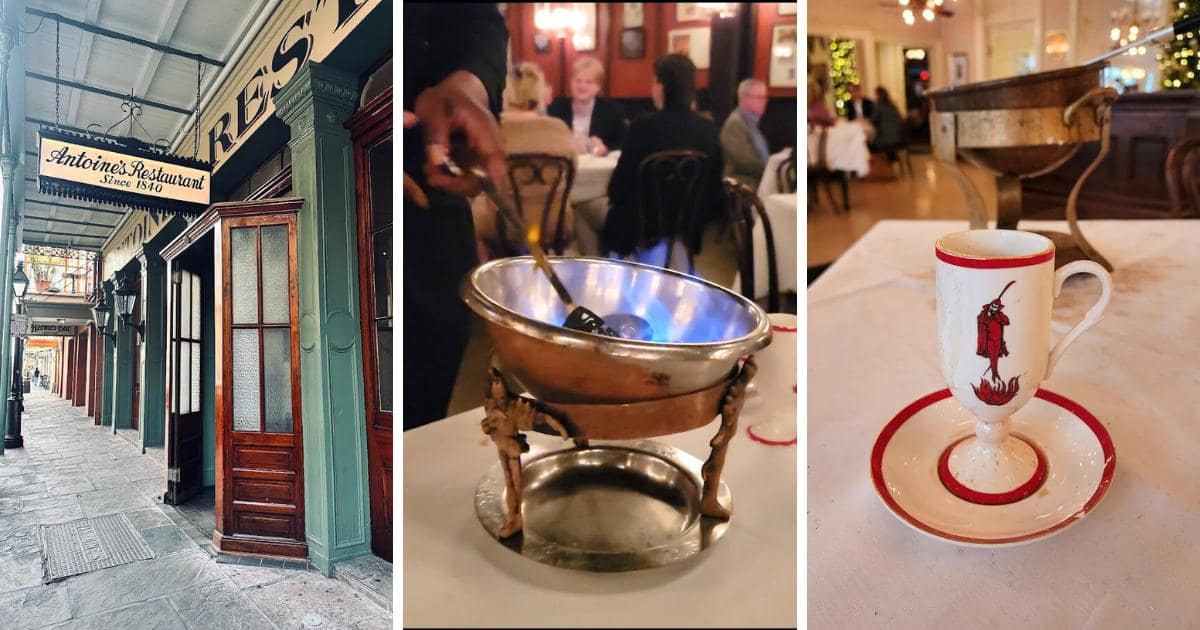 Antoine's Restaurant sign, blue flame over a metal bowl, coffee mug and saucer