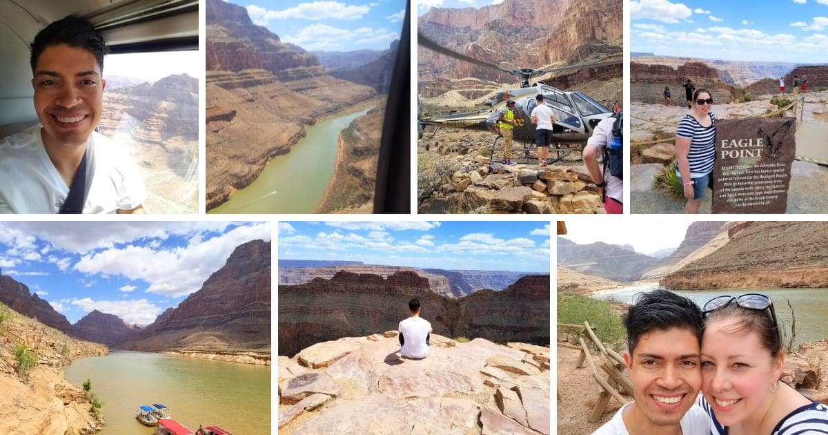 river through canyon, helicopter, Eagle Point sign, canyon overlook