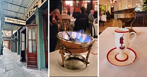 Antoine's Restaurant sign, blue flame over a metal bowl, coffee mug and saucer