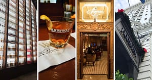 A wall of bottles, a Sazerac cocktail glass with a lemon twist, an ornate doorway.