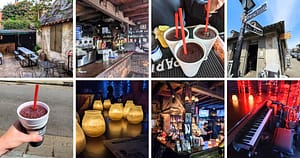 old small building, wood and brick bar, Styrofoam cups full of Purple Drink, Bourbon and St. Philip street signs, candles, piano