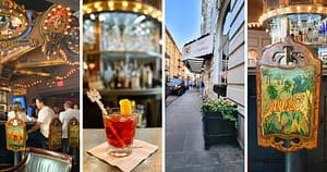 Carousel Bar, cocktail glass with twist of lemon, Hotel Monteleone sign, painted tiger bar seat
