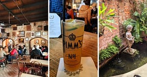 historic Napoleon House, bar patrons, Pimm's Cup cocktail, small statue along brick wall with water feature