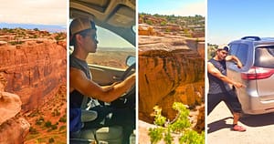red stone cliffs, driver and minivan