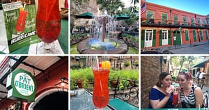 Hurricane drink mix, Hurricane drink glass from Pat O'Briens, water fountain, Bourbon Street, Pat O'Brien's bar