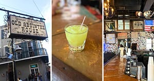 Old Absinthe House sign, cocktail glass full of green liquid, side view of bartop