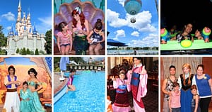 fairytale castle, princess with children, hot air balloon, Disney characters, swimming pool