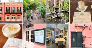 pink faced building with black shutters, balcony and white doors and latticed windows, courtyard, water fountain, Brennan's menu, brandy milk punch