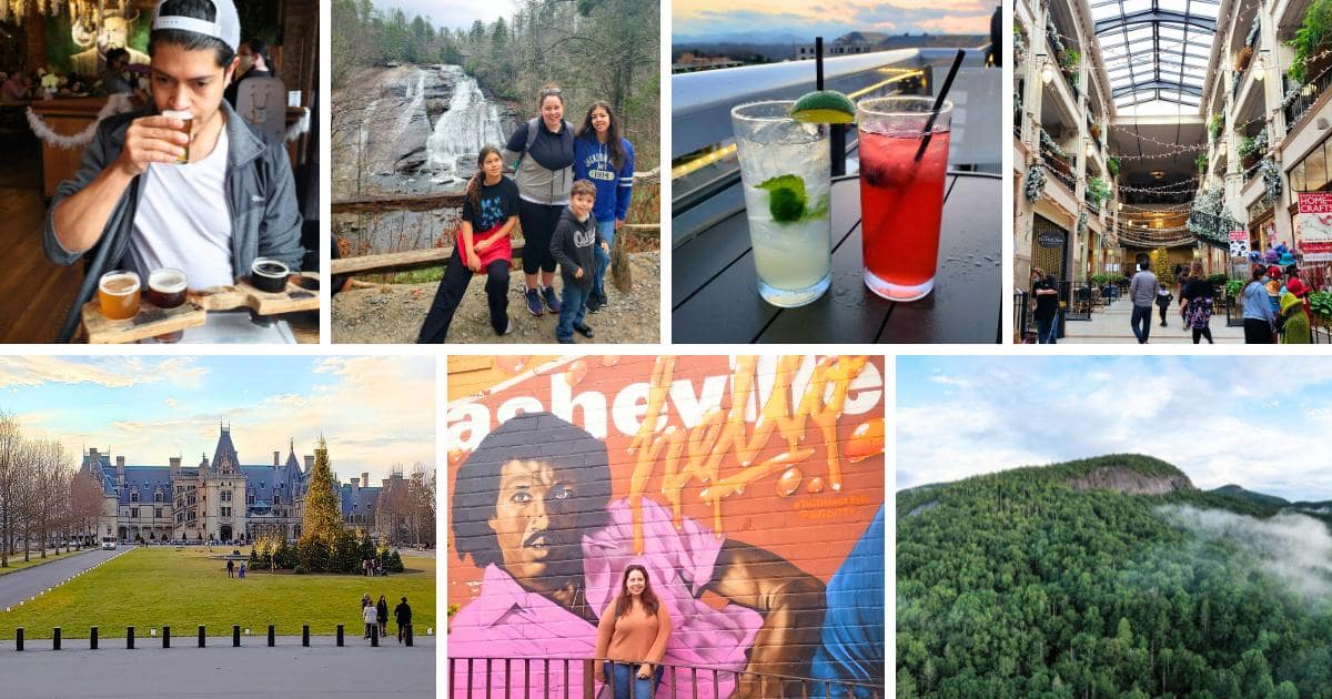 flight of beers, family posing at waterfall, two cocktails and a rooftop view, historic architecture, Lionel Richie mural, green mountain landscape