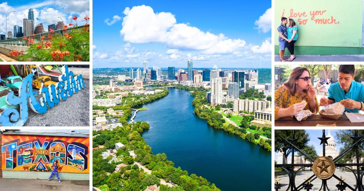 city skyline, blue Austin sign, Texas mural, river view, couple eating tacos, Austin capitol