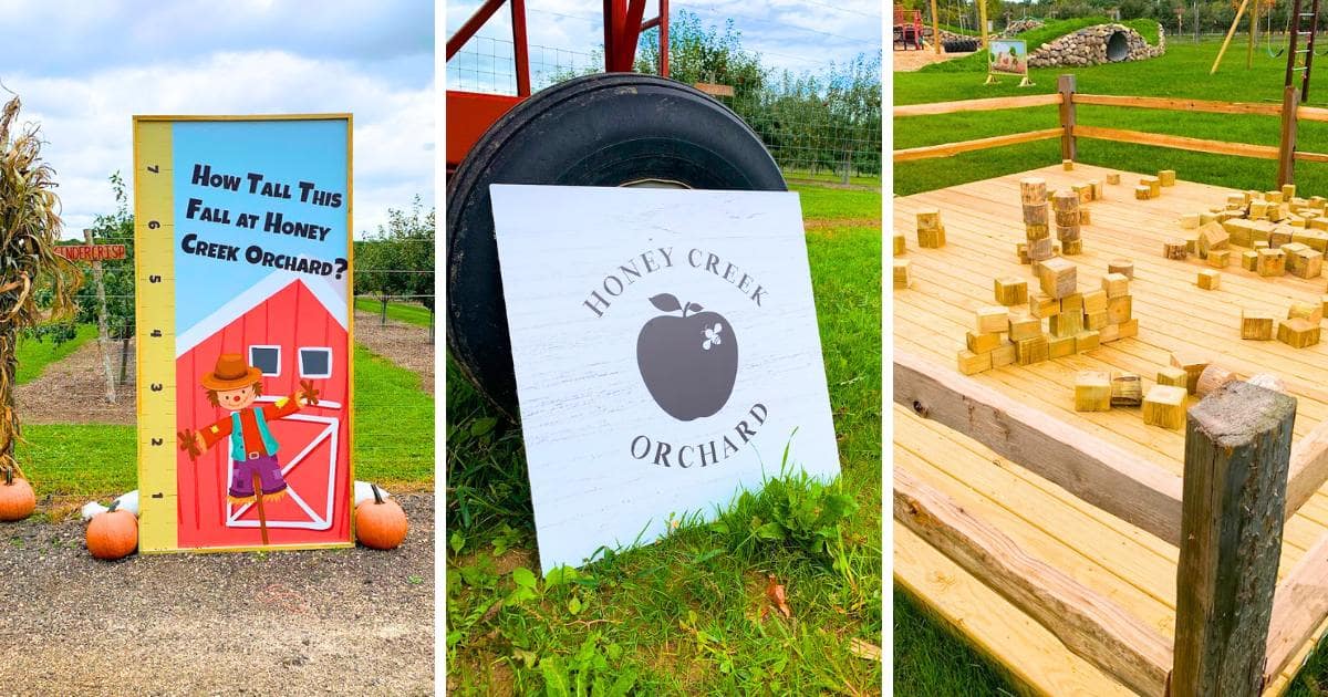 measuring tape and cartoon barn, Honey Creek Orchard sign, wooden blocks