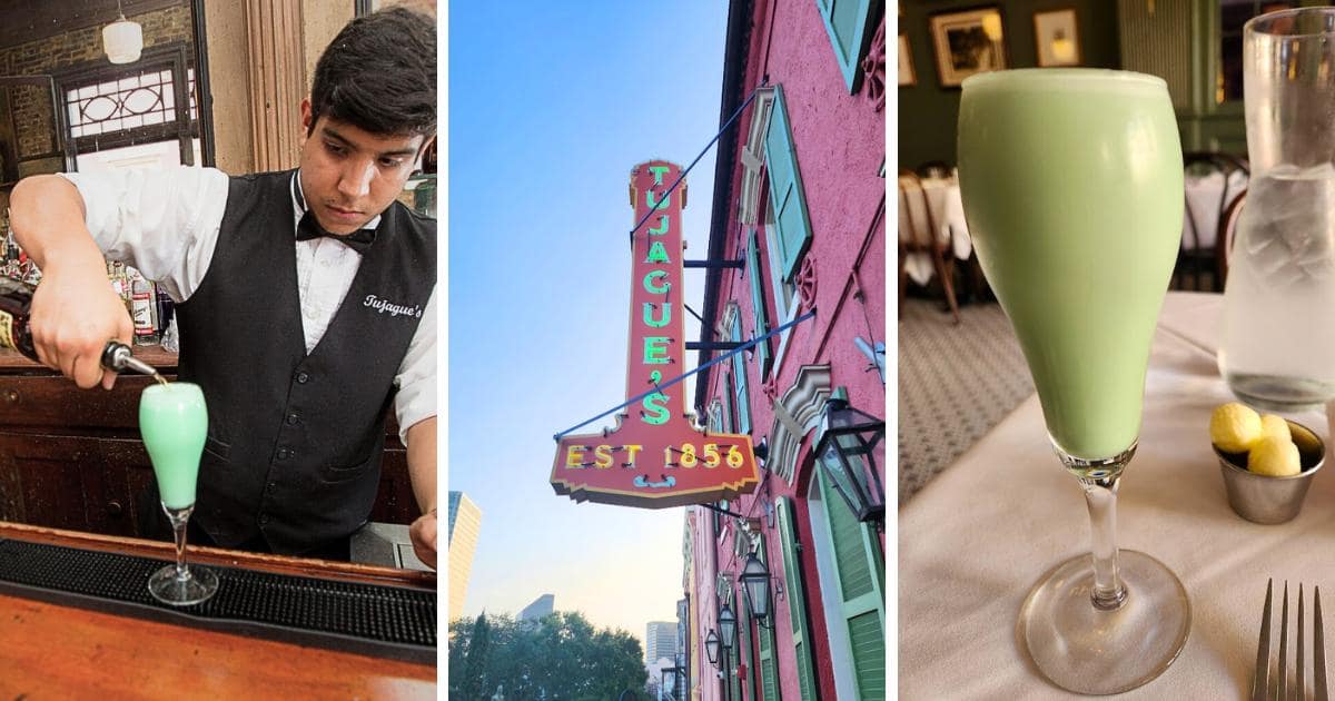 bartender pouring into a glass, Tujague’s sign, glass full of green beverage