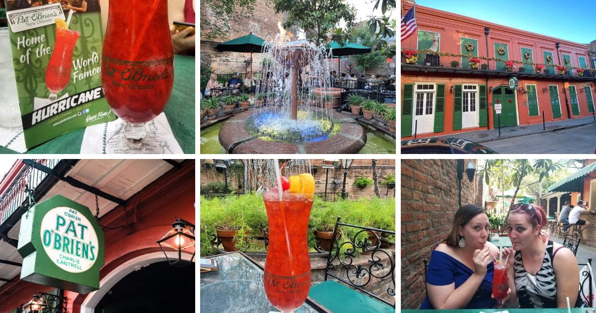 Hurricane drink mix, Hurricane drink glass from Pat O'Briens, water fountain, Bourbon Street, Pat O'Brien's bar