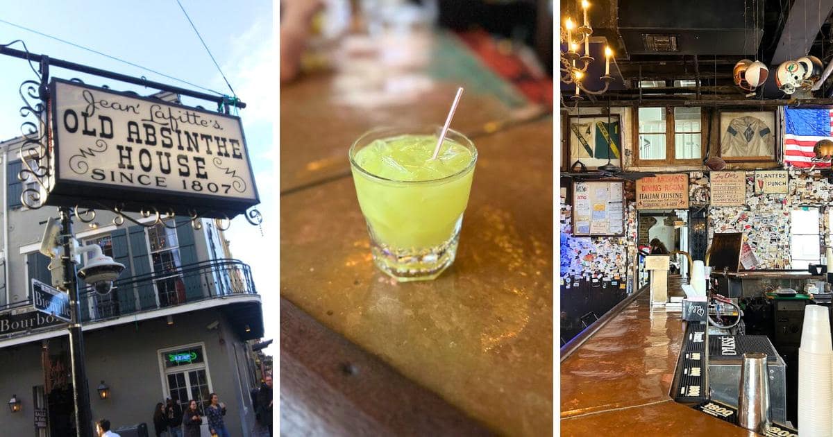 Old Absinthe House sign, cocktail glass full of green liquid, side view of bartop