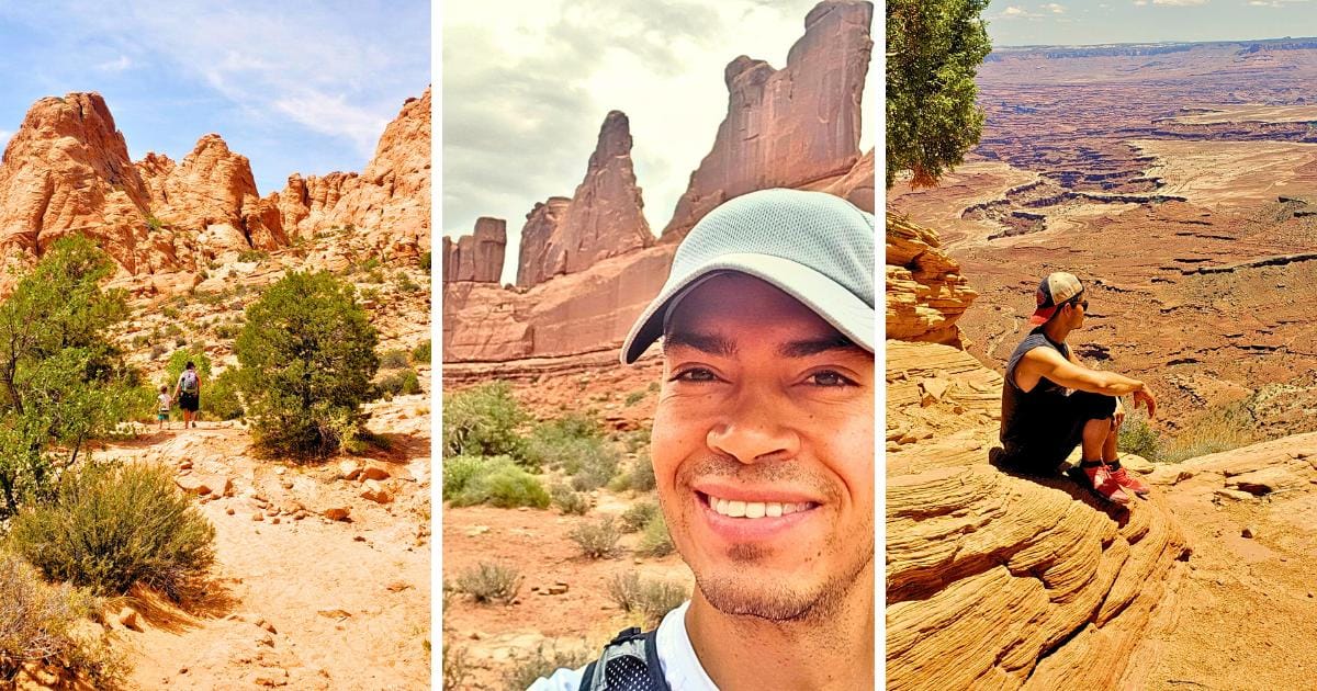 rock formations, low trees, tall red stone formations, canyon overlook