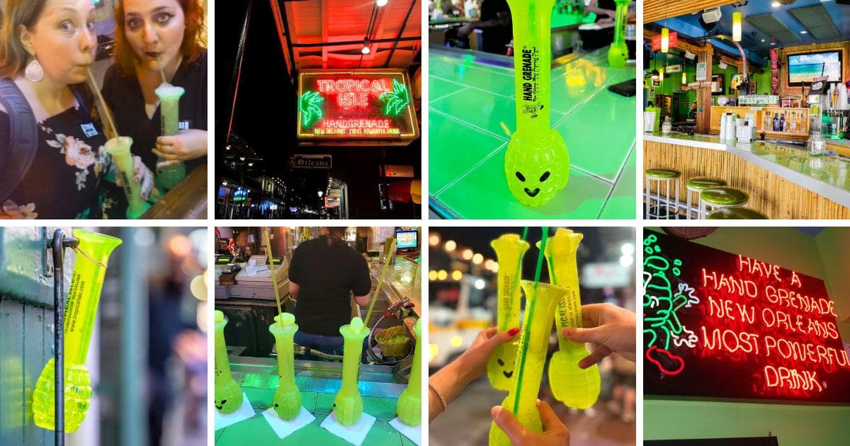 women drinking from tall souvenir cups, Tropical Isle sign, Hand Grenade cocktail, New Orleans' most powerful drink