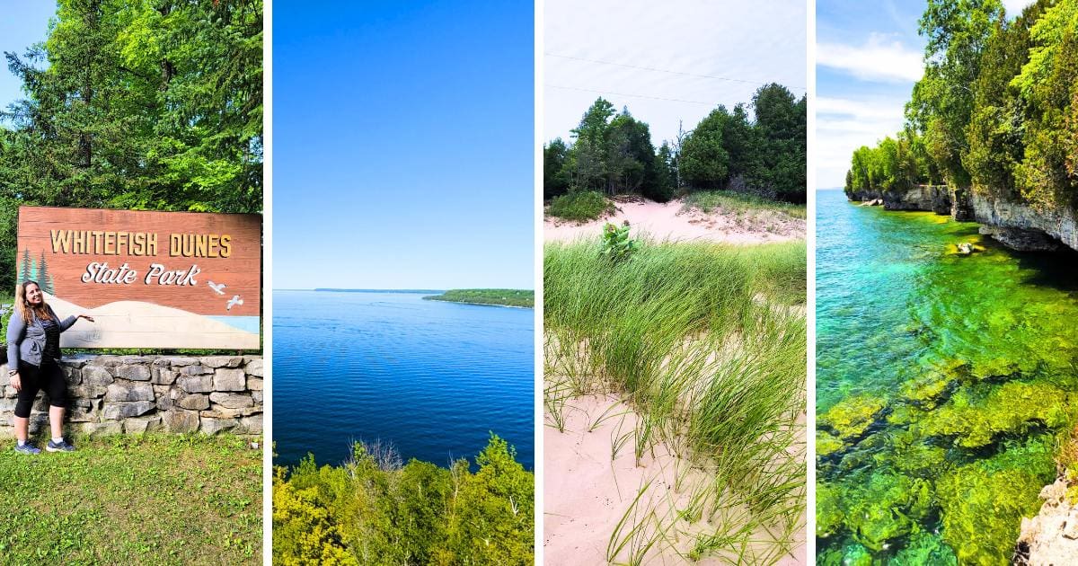state park sign, lake view, sand, stone cliff