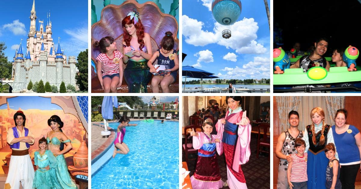 fairytale castle, princess with children, hot air balloon, Disney characters, swimming pool