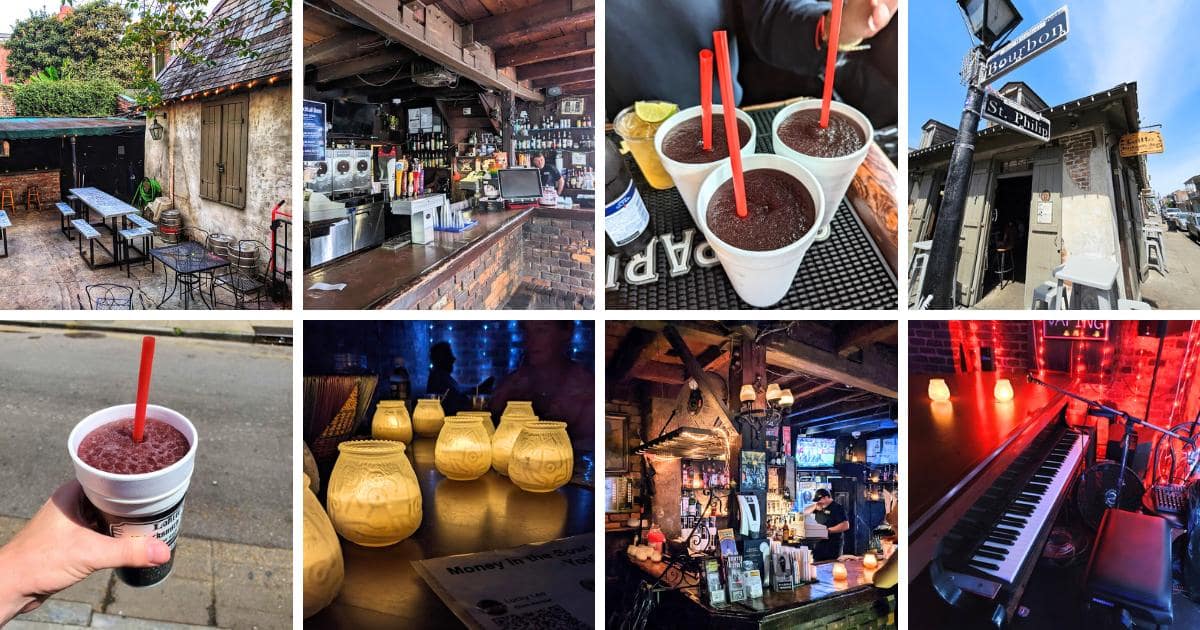 old small building, wood and brick bar, Styrofoam cups full of Purple Drink, Bourbon and St. Philip street signs, candles, piano