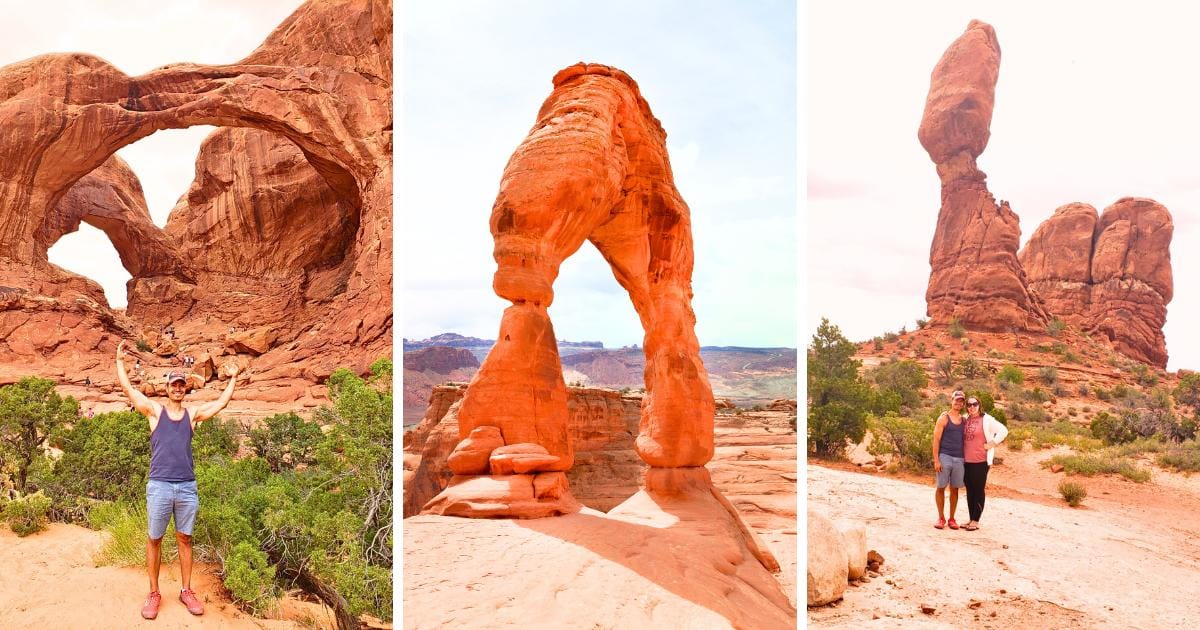 red stone arches and rock formations, canyon overlook, smiling people