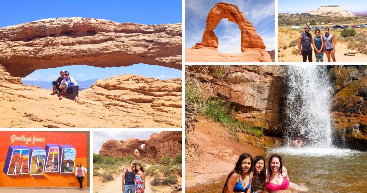 red stone natural arches, Moab mural, waterfall, rock formations