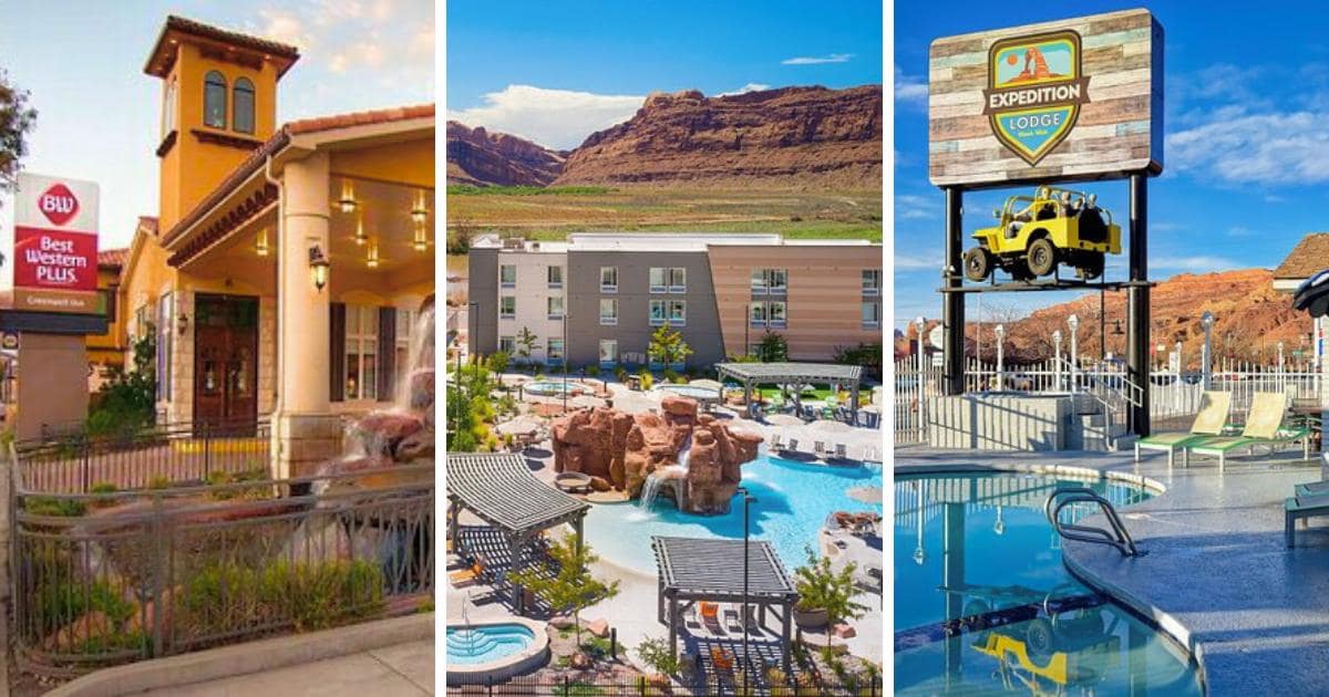 Exterior view of three hotels, with hotel signs, swimming pools, and scenic Moab landscapes.
