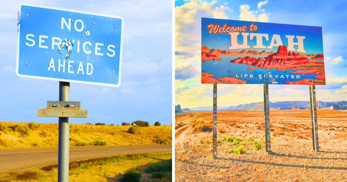 No Services Ahead sign, Welcome to Utah sign